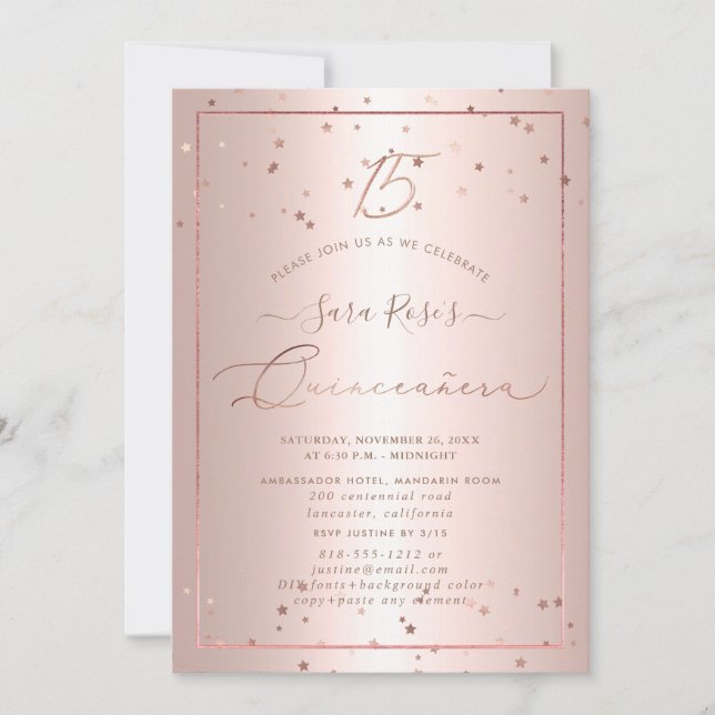 PixDezines Rose Gold Stars Quinceanera Einladung (Vorderseite)