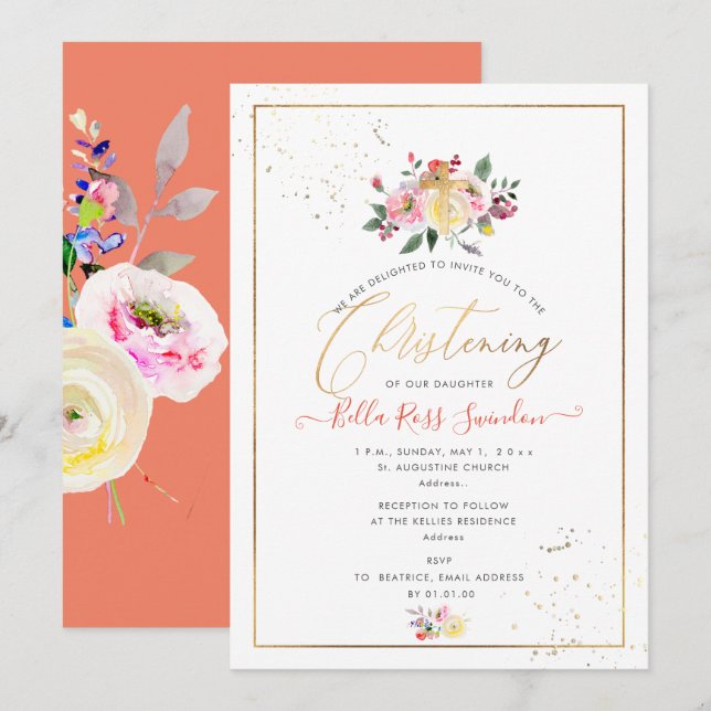 PixDezines Rose in Pastellfarben, Gelb+Koralle Einladung (Vorne/Hinten)