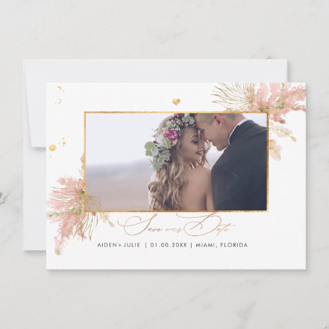 PixDezines Rose Pampas Imitats Gold Fan Palms Save The Date (Vorderseite)