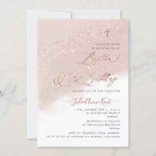 PixDezines Roségold Taufe + 1. Geburtstag Einladung
