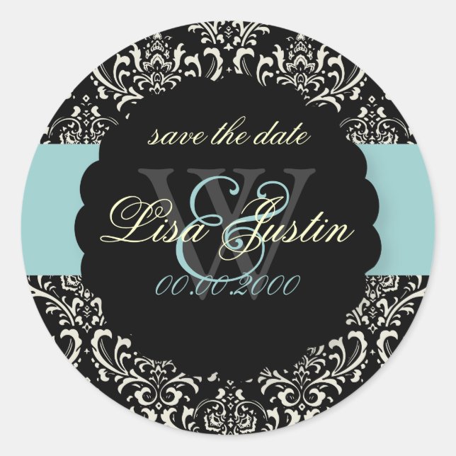 PixDezines Rossi Damask/Black+Blue Runder Aufkleber (Vorderseite)