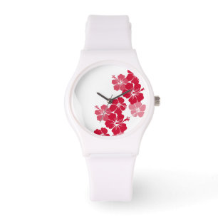 PixDezines roter Hibiskus/Deuchhintergrund Armbanduhr