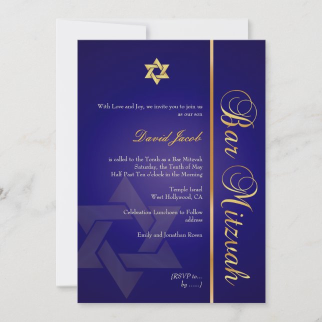 PixDezines ROYAL BLAUE/GOLD/BAR MITZVAH-INVITATION Einladung (Vorderseite)