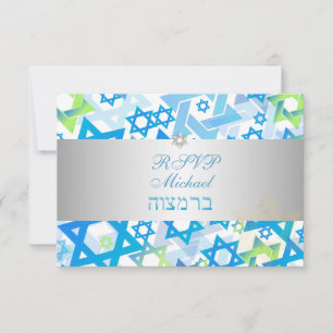 PixDezines RSVP Mod Sterne/Bar Mizwa/Blau/Silber Karte