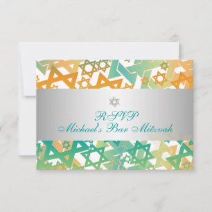 PixDezines RSVP Mod Sterne/Bar Mizwa/Orange+Türkis Karte