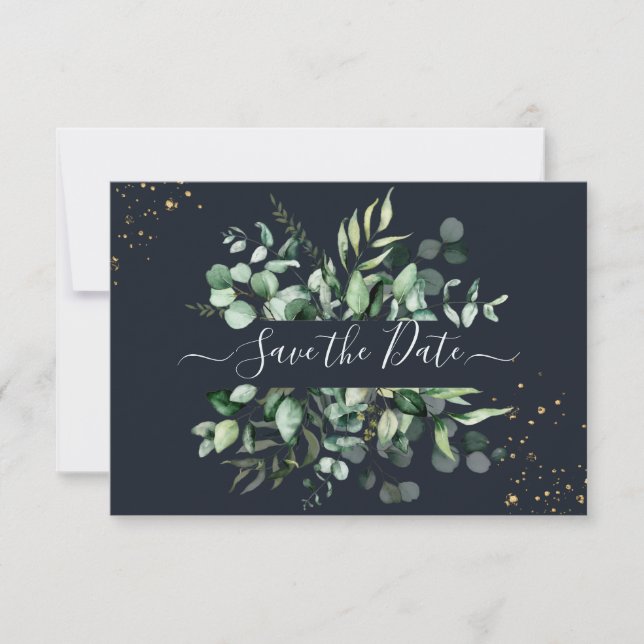 PixDezines Rustic Eucalyptus Navy n Gold Save The Date (Vorderseite)