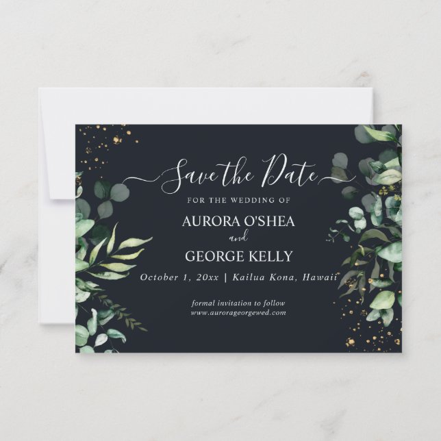PixDezines Rustic Eukalyptus Navy n Gold Rettete T Save The Date (Rückseite)