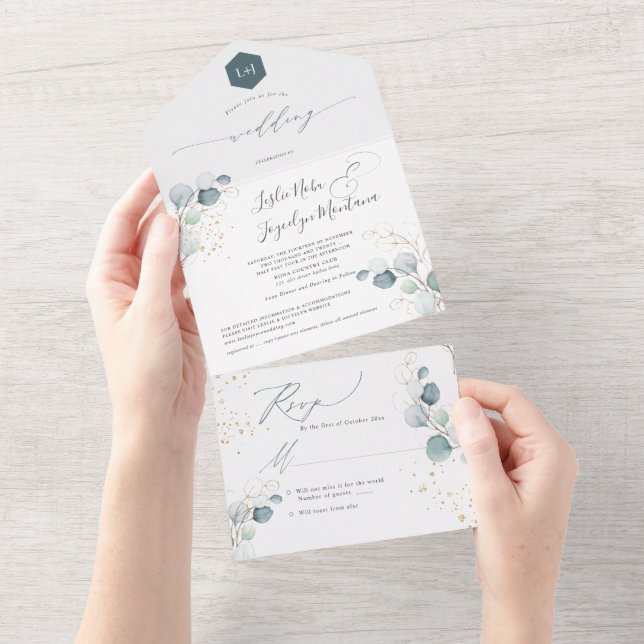 PixDezines Rustic Watercolor Blue Gum Eucalyptus A All In One Einladung (Abreißen)