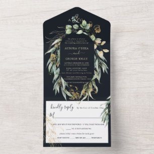 PixDezines Rustic Willow Eucalyptus Navy n Gold All In One Einladung