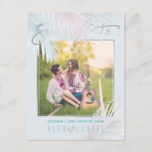 PixDezines Save the Date/Palmen/Platinum+Aqua Ankündigungspostkarte