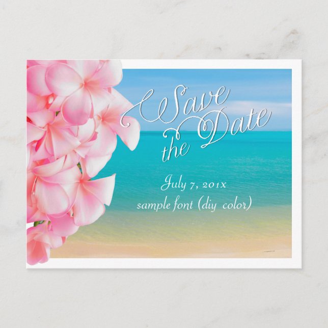 PixDezines/Save the Date/pink plumeria+strand Ankündigungspostkarte (Vorderseite)