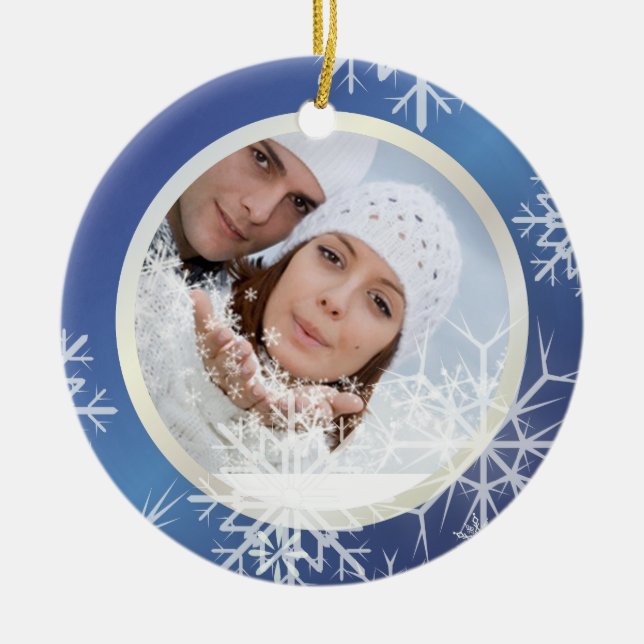 PixDezines Schneefloten Fotoplasur Weiß + Blau Keramik Ornament (Vorne)