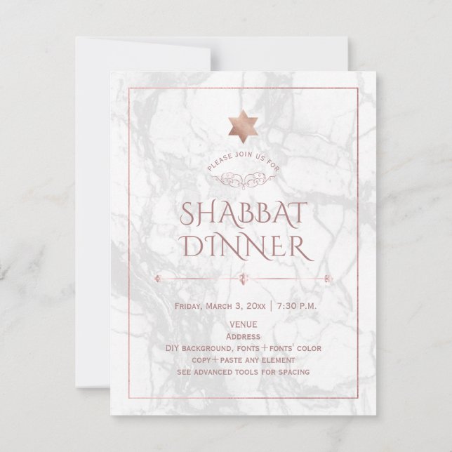 PixDezines Shabbat Abendessen Marmor+Rose Gold Einladung (Rückseite)