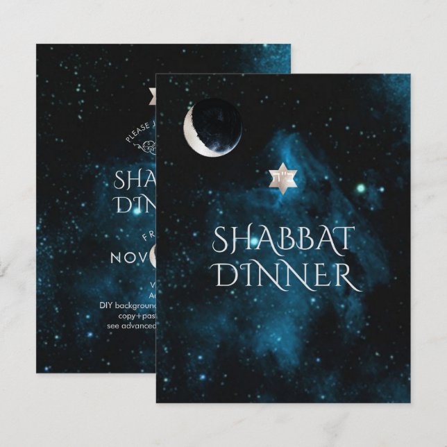 PixDezines Shabbat Dinner Galaxy+Mond Einladung (Vorne/Hinten)