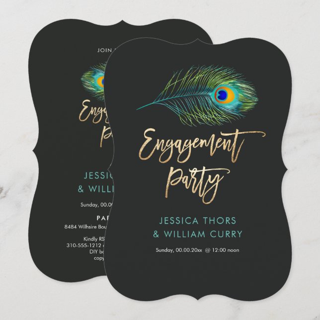 PixDezines Shimmer Pfauenfeder/Verlobung Einladung (Vorne/Hinten)