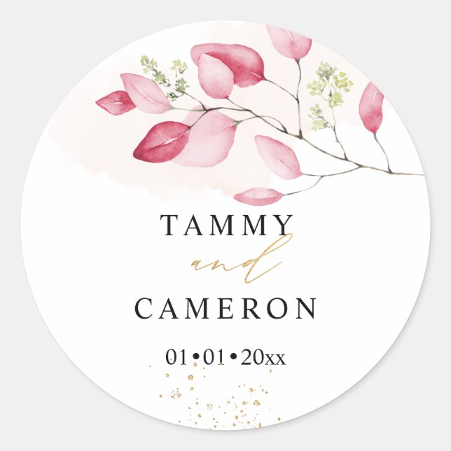 PixDezines Simple Watercolor Pink Gum Eukalyptus Runder Aufkleber (Vorderseite)