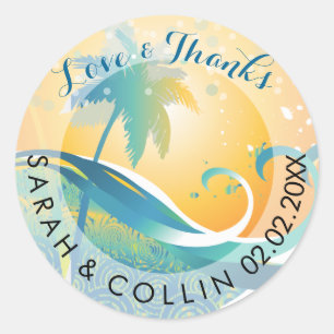 PixDezines Sonnenuntergang/Retro-Wellen/Palmen Runder Aufkleber