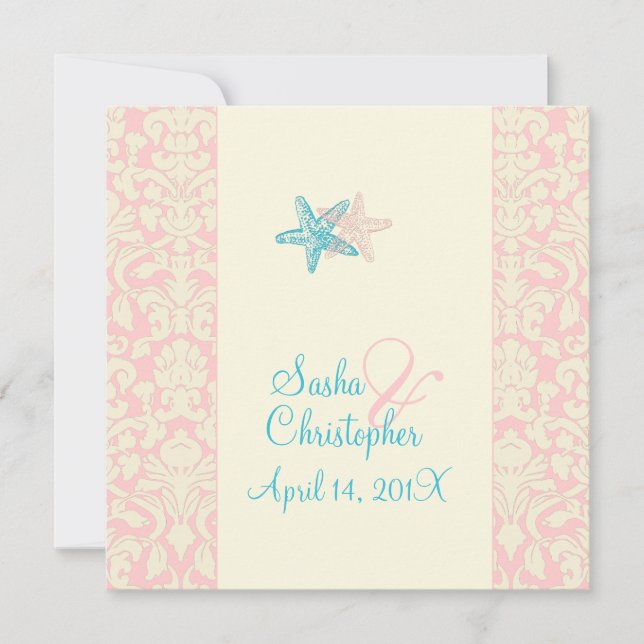 PixDezines Starfish + Damask Hochzeitseinladungen Einladung (Vorderseite)
