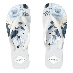 PixDezines Staubblau + Marine Wasserfarben Rosen Flip Flops