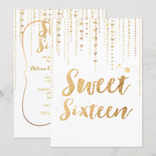 PixDezines süße 16, Glitzernde goldene Herzensfäde Einladung