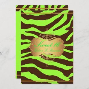 PixDezines SWEET 16/BROWN ZEBRA/DIY NEON GREEN Einladung