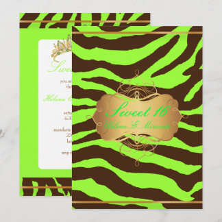 PixDezines SWEET 16/BROWN ZEBRA/DIY NEON GREEN Einladung
