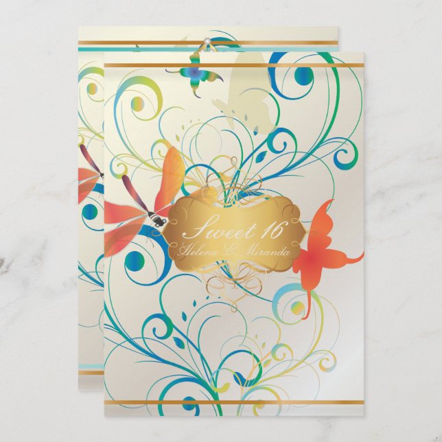 PixDezines SWEET 16/BUTTERFLIES/WIRBEL/DRAGONFLIES Einladung (Vorne/Hinten)