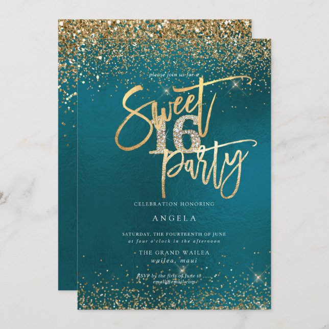 PixDezines Sweet 16 Diamond Gold Glitzer Aquamarin Einladung (Vorne/Hinten)