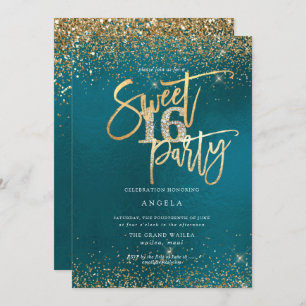 PixDezines Sweet 16 Diamond Gold Glitzer Aquamarin Einladung