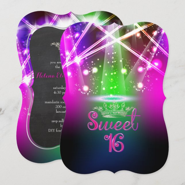 PixDezines Sweet 16, Laserlichter/Neonleuchten Einladung (Vorne/Hinten)