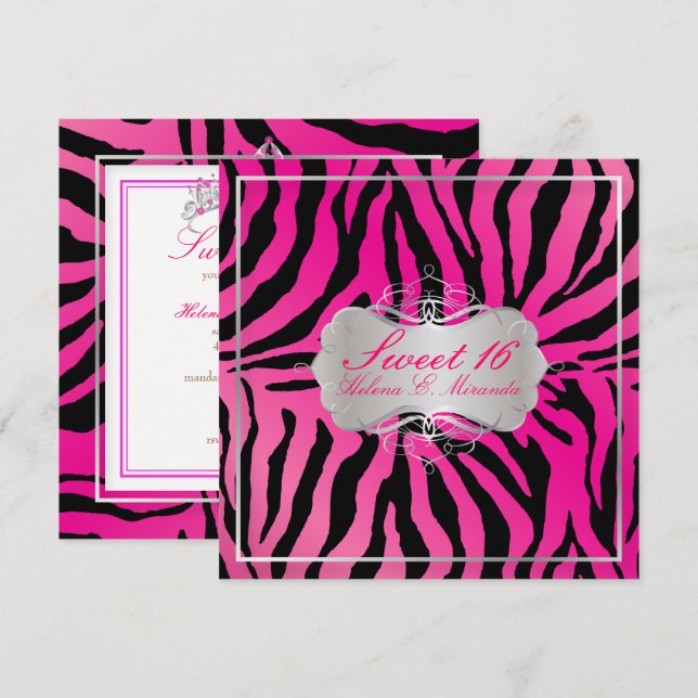 PixDezines SWEET 16/ZEBRA PRINT/HOT PINK Einladung (Vorne/Hinten)