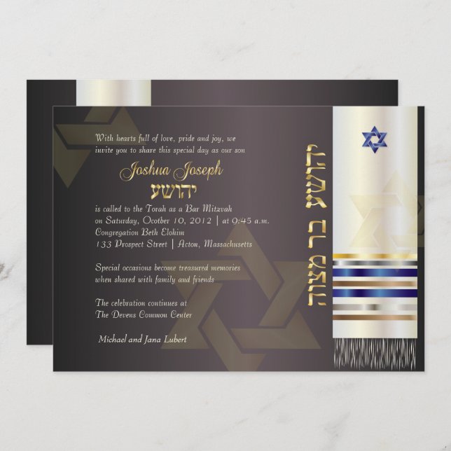 PixDezines talit/Stilvolle Bar Mitzvah/Asche/Gold Einladung (Vorne/Hinten)