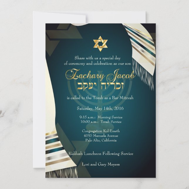 PixDezines Tallit Bar Mitzvah/Aquamarin/Gold Einladung (Rückseite)
