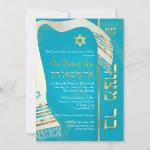 PixDezines Tallits Bar Mitzvah/blau/gold Einladung