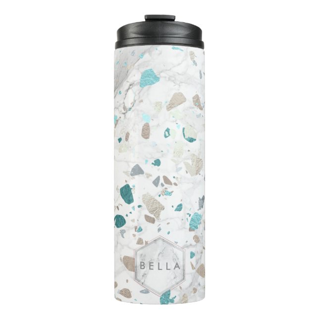 PixDezines TERRAZZO AQUA AQUAMARINER SILVER Thermosbecher (Vorderseite)