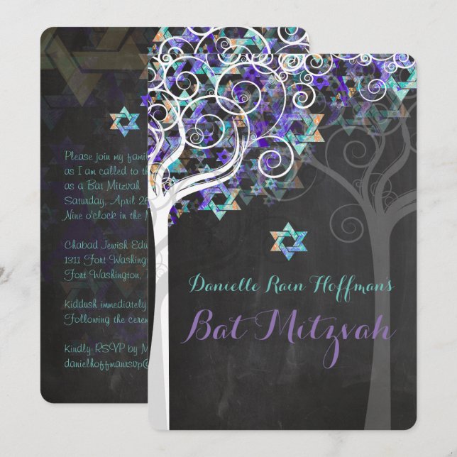 PixDezines Tree of Life Bat Mitzvah/Chalkboard Einladung (Vorne/Hinten)