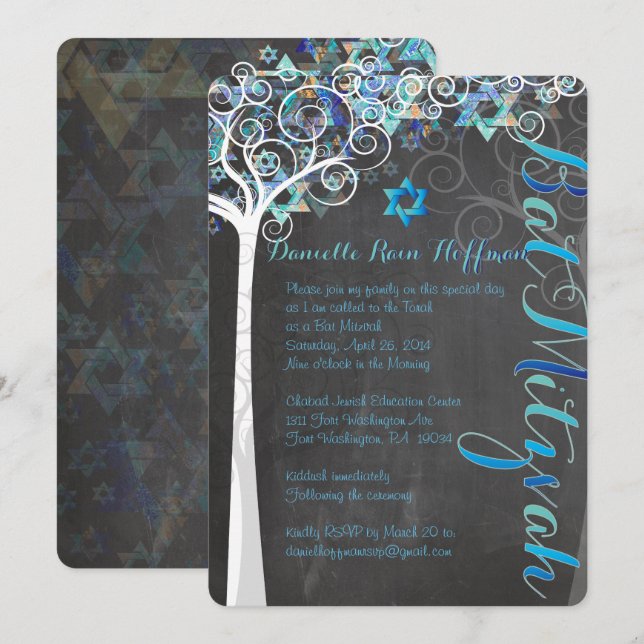 PixDezines Tree of Life Bat Mitzvah/Chalkboard Einladung (Vorne/Hinten)