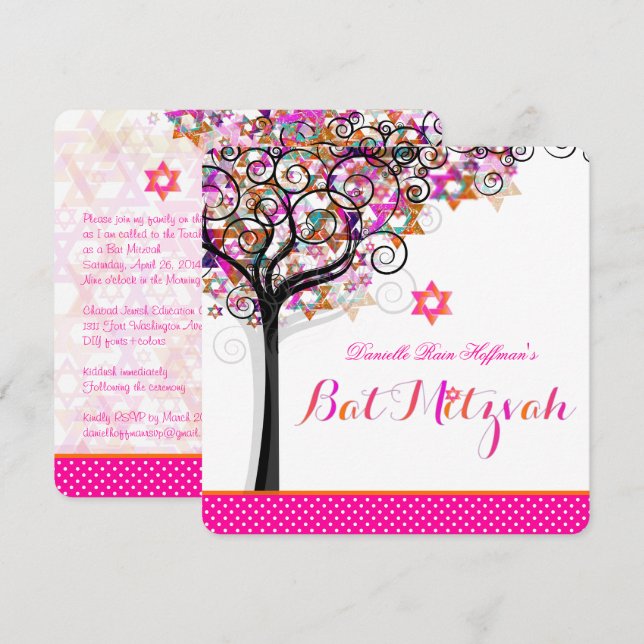 PixDezines Tree of Life Bat Mitzvah/DIY Hintergrun Einladung (Vorne/Hinten)