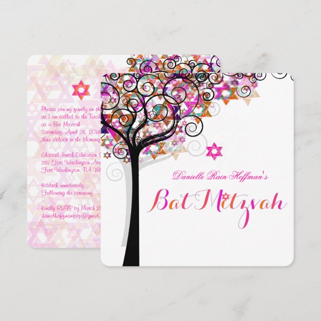 PixDezines Tree of Life Bat Mitzvah/DIY Hintergrun Einladung (Vorne/Hinten)