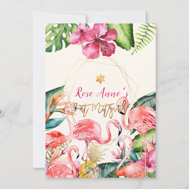 PixDezines Tropical Pink Flamingo Bat Mitzvah Einladung (Vorderseite)