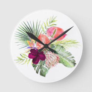 PixDezines Tropisches Paradies Üppiges Blumenblatt Runde Wanduhr