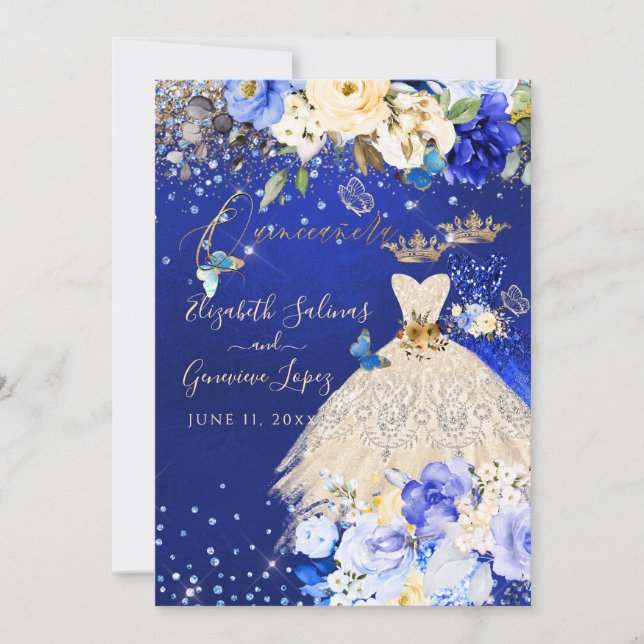 PixDezines Twins Quinceanera Royal Blue Gold Einladung (Vorderseite)