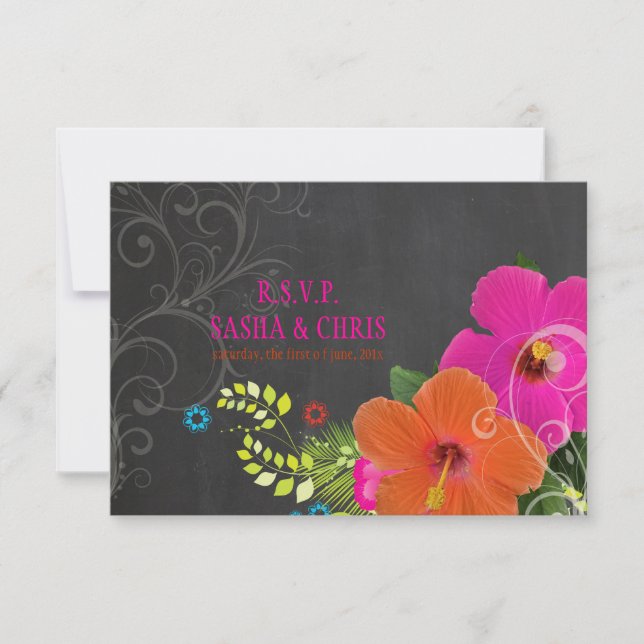 PixDezines uAwg chalkboard+Hibiskus+fern RSVP Karte (Vorderseite)
