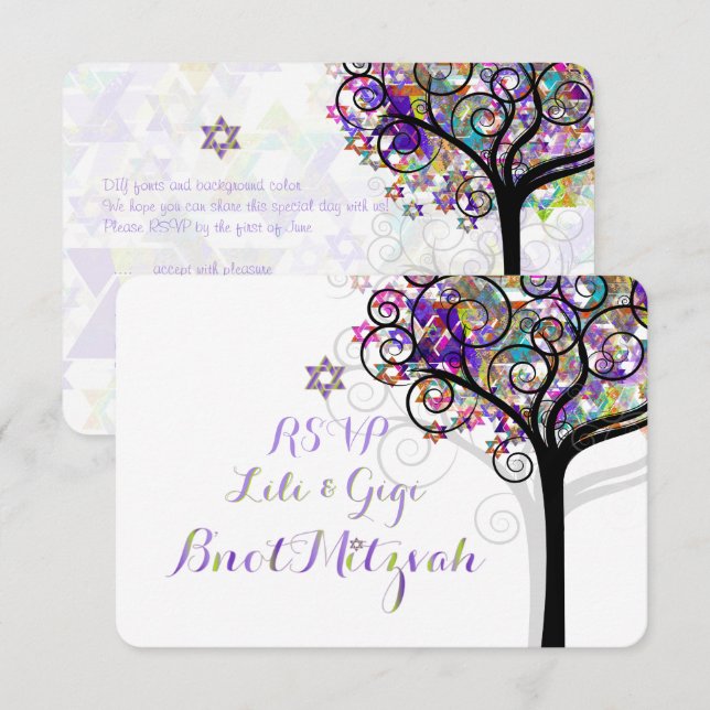 PixDezines UAWG TREE DES LEBENS Bnot MITZVAH/LILA Einladung (Vorne/Hinten)