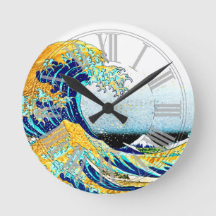 PixDezines Vintag, große Welle, Hokusai 葛飾北斎の神奈川沖浪 Runde Wanduhr