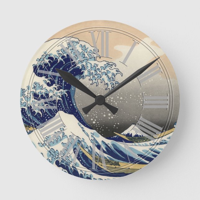 PixDezines Vintag, Große Welle, Hokusai 葛 飾 北 斎 の  Runde Wanduhr (Vorderseite)