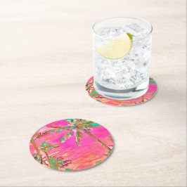 PixDezines Vintag Hawaiian Beach/Pink/Aquamarin Runder Pappuntersetzer