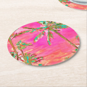 PixDezines Vintag Hawaiian Beach/Pink/Aquamarin Runder Pappuntersetzer