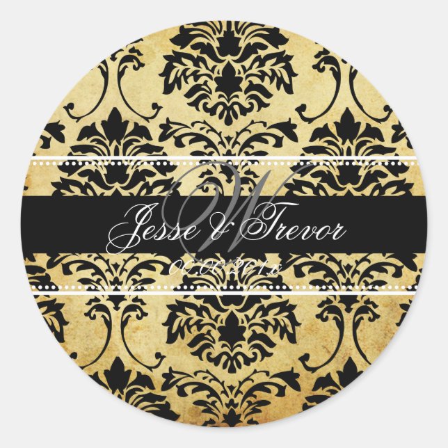 PixDezines Vintag Monogram Florentius Damask Runder Aufkleber (Vorderseite)