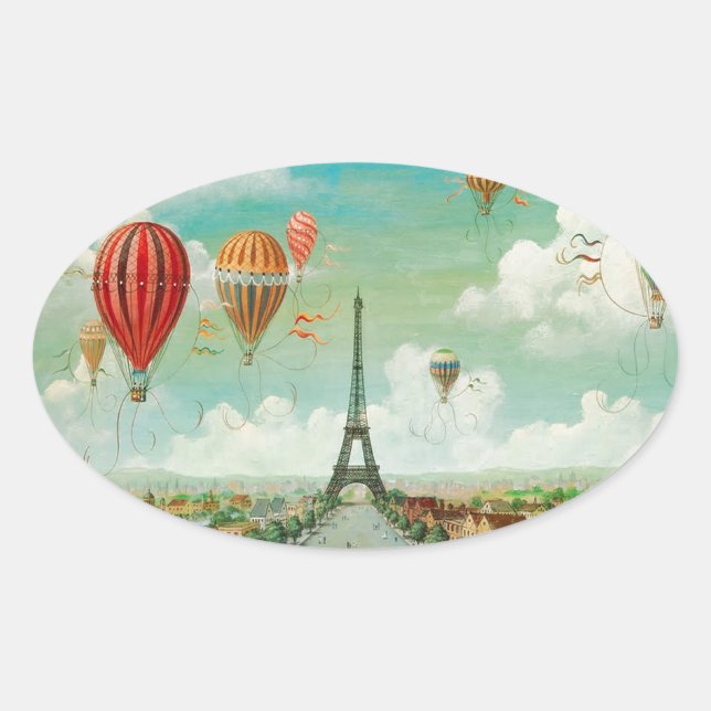 PixDezines Vintage Ballons/Eiffel/Paris Ovaler Aufkleber (Vorderseite)